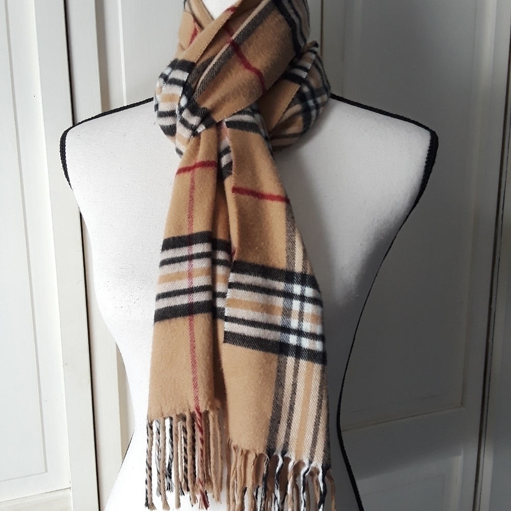 V. Fraas Cashmink Tan Plaid Fringed Scarf